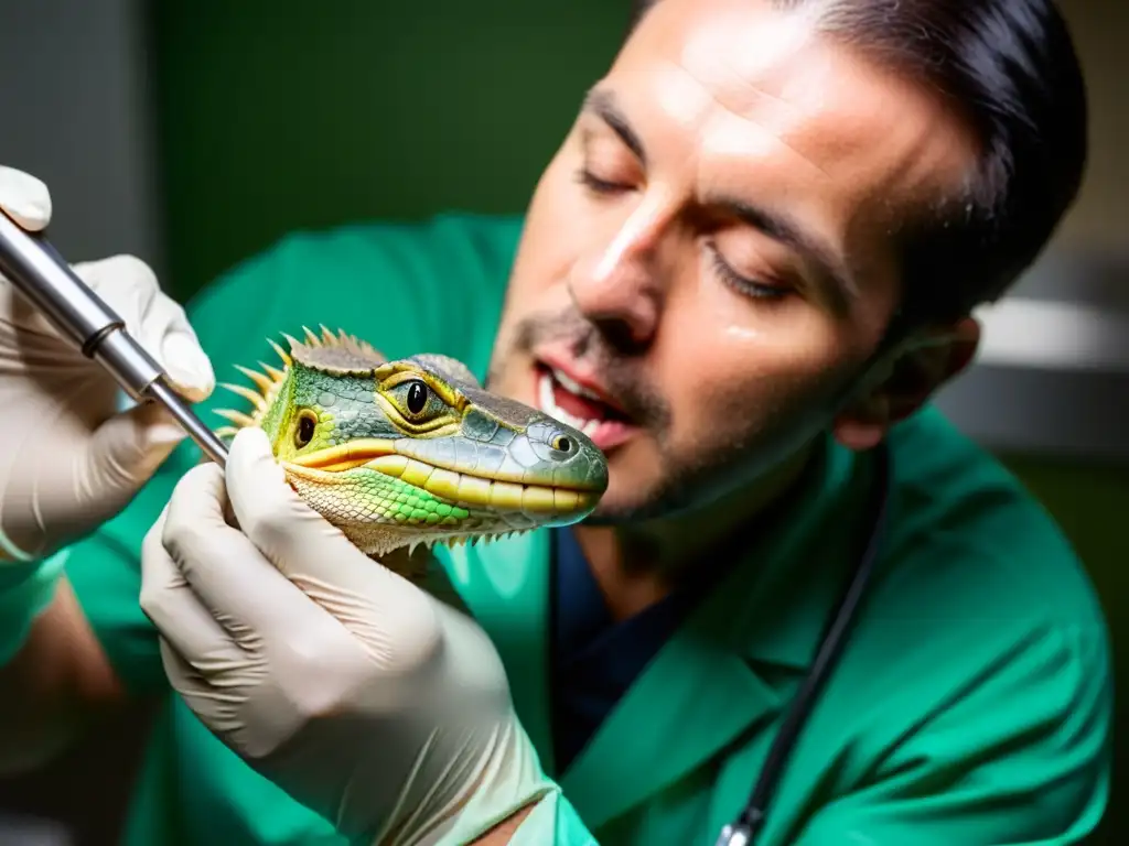 Un veterinario de reptiles extrae con cuidado un cuerpo extraño de la boca de un reptil