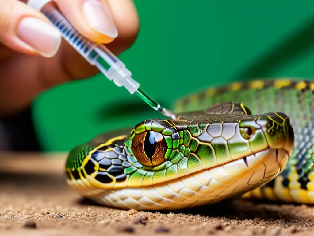 Un veterinario de reptiles administra con cuidado medicación a una serpiente, mostrando el uso responsable de antibióticos en reptiles