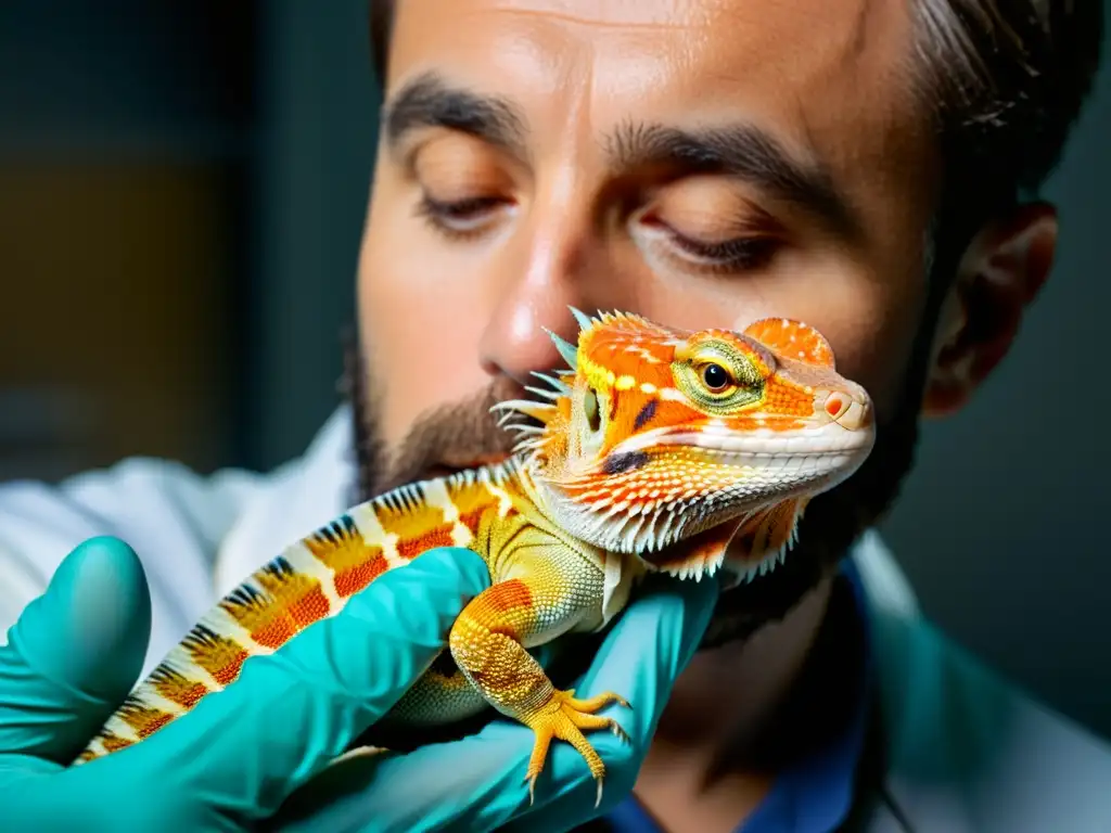 Un veterinario de reptiles examina detalladamente las escamas de un dragón barbudo, destacando la precisión y la telemedicina para cuidado de reptiles