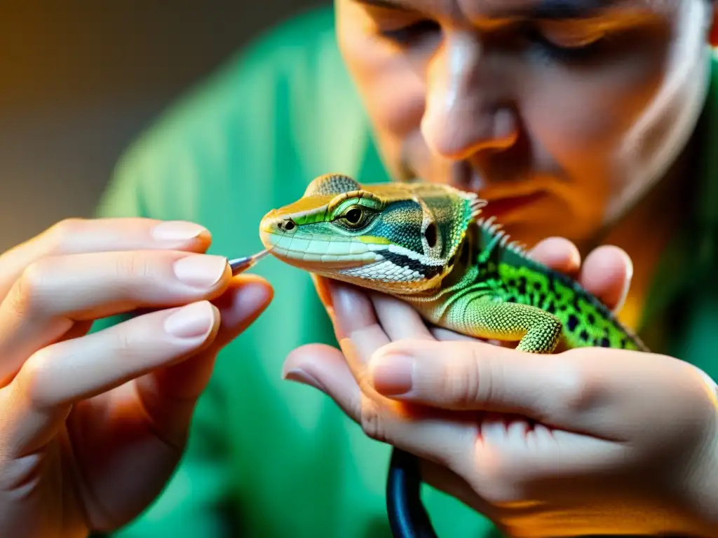 Un veterinario de reptiles escucha el latido de un pequeño lagarto con una enfermedad cardíaca, mostrando cuidado y atención especializada