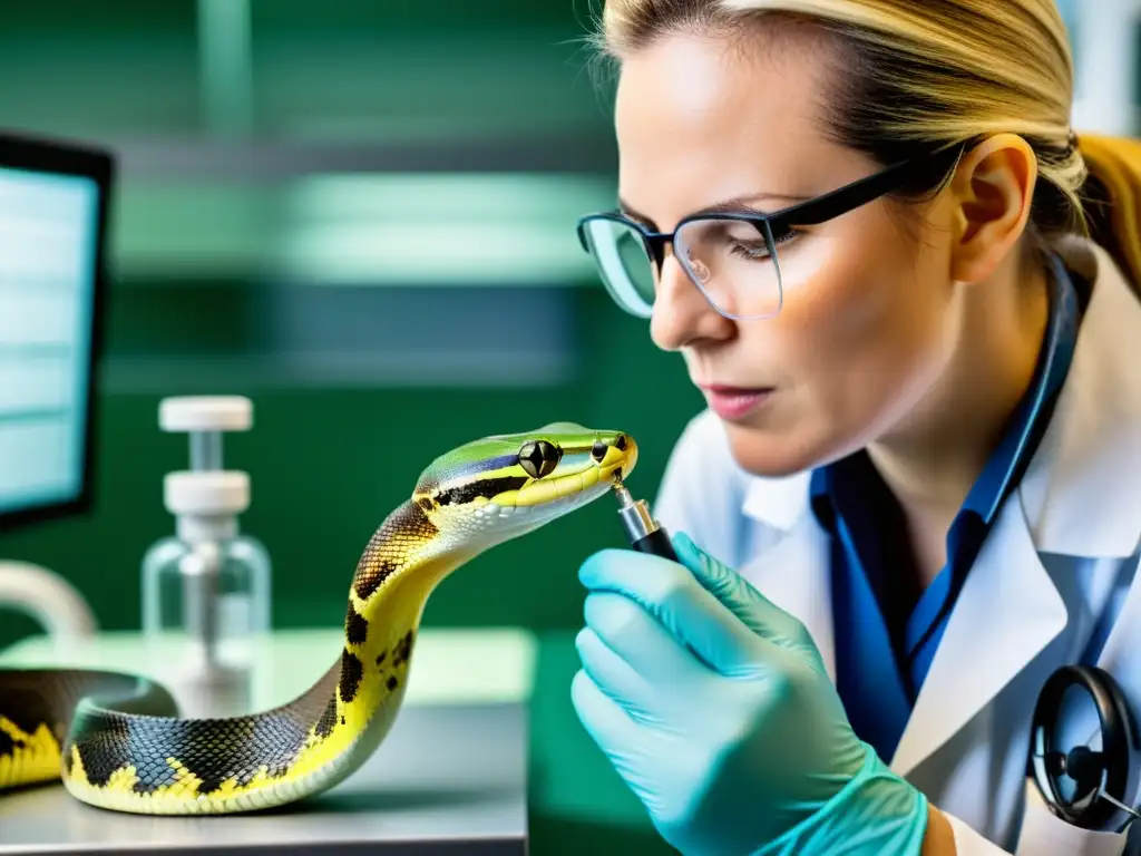 Un veterinario examina con precisión la respiración de una serpiente en una clínica bien equipada