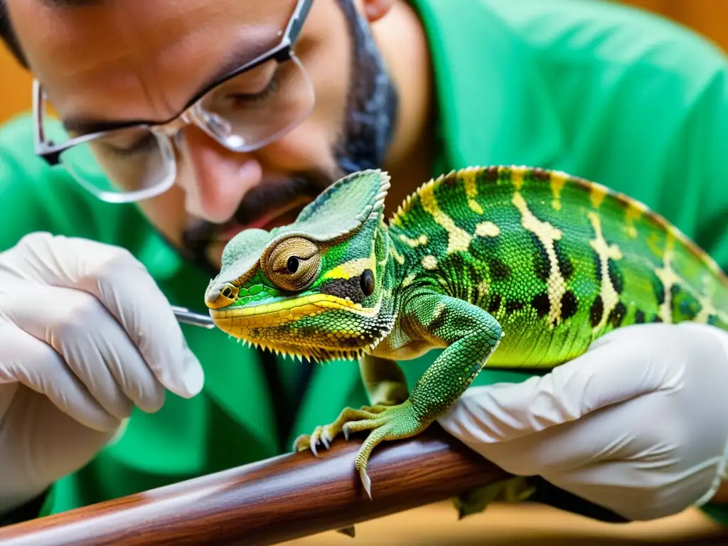 Un veterinario examina detalladamente a un camaleón en una sala llena de equipo científico y libros de referencia