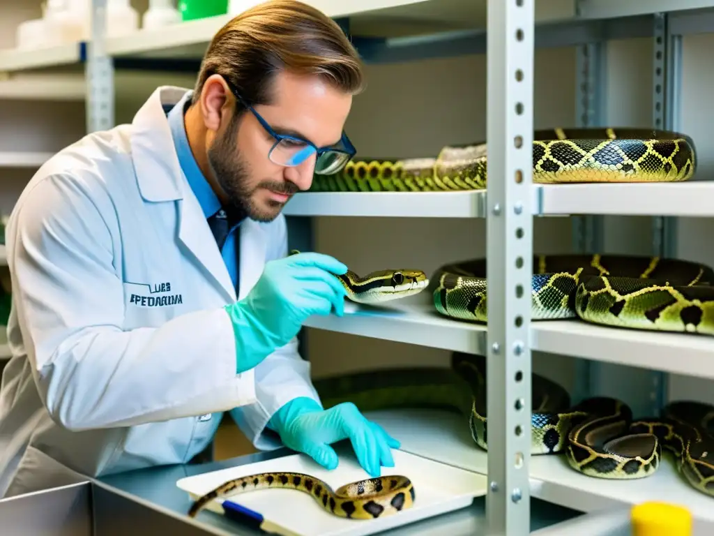 Un veterinario examina minuciosamente a una serpiente en busca de signos de toxicidad por plomo