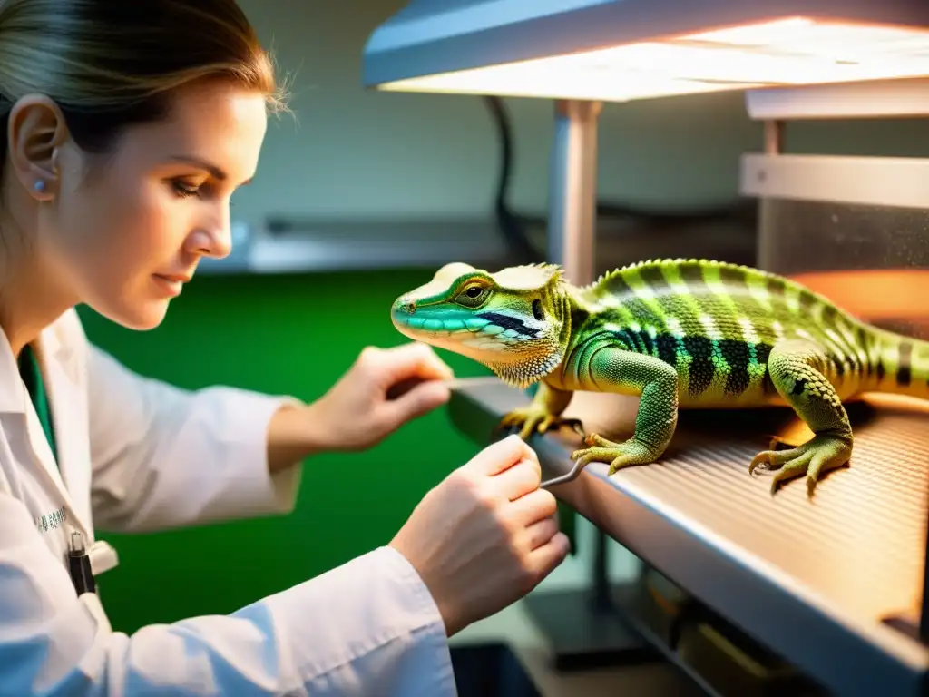 Un veterinario monitorea los signos vitales de un reptil bajo una lámpara de calor