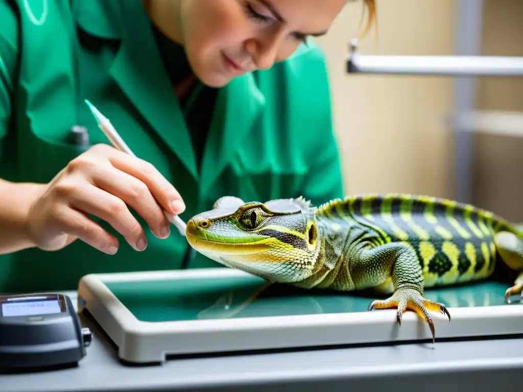 Veterinario monitorea signos vitales de reptil enfermo bajo lámpara de calor