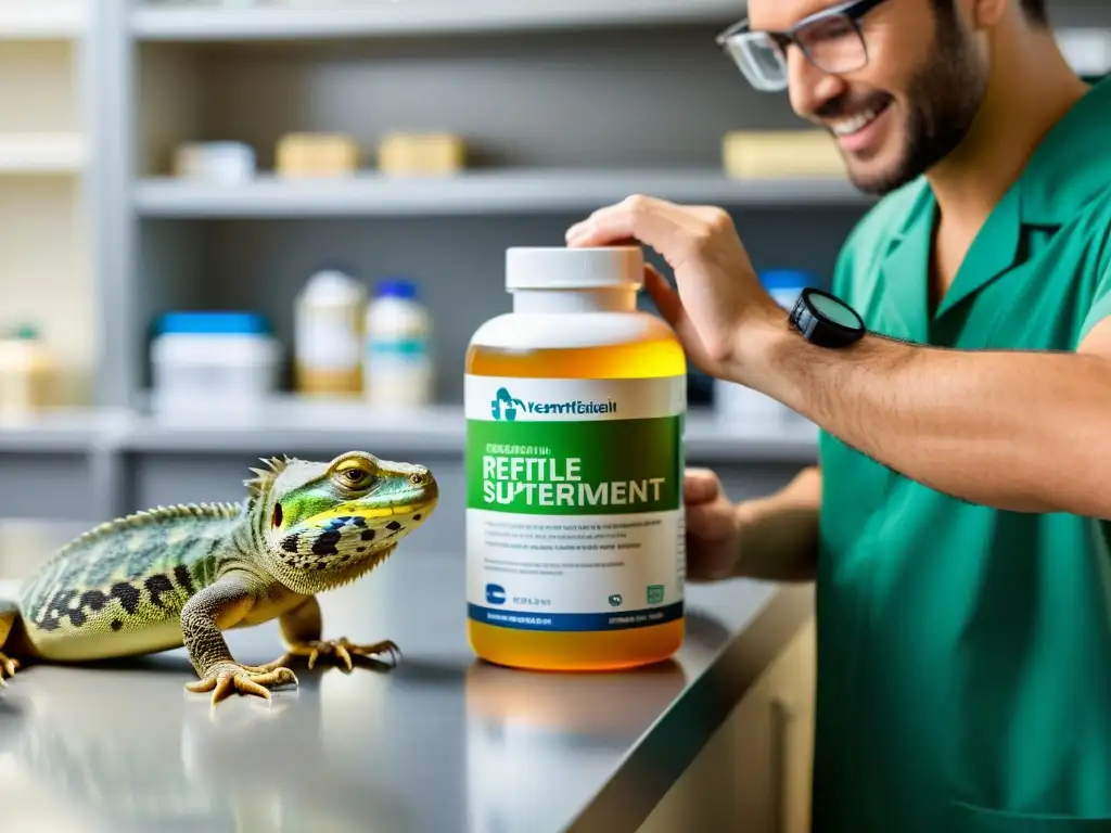 Un veterinario administra con precisión suplementos nutricionales a un reptil enfermo en una clínica veterinaria bien iluminada