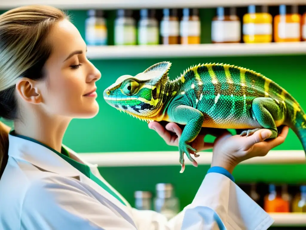 Un veterinario administra suplementos nutricionales a un reptil en un entorno clínico, rodeado de equipo médico y gráficos científicos