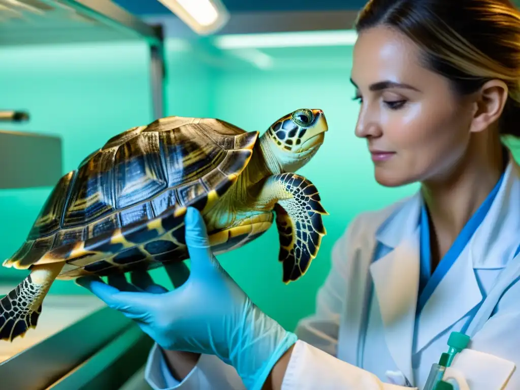 Veterinario esterilizando una tortuga en cautiverio con cuidado y precisión