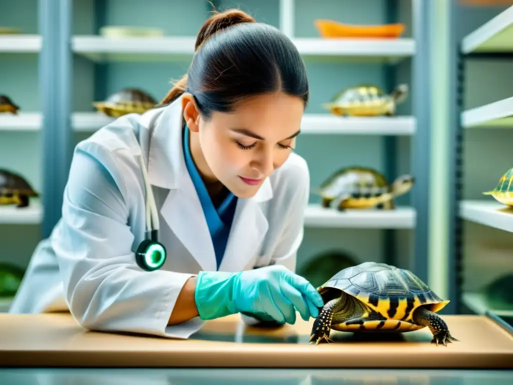 Un veterinario examina detenidamente a una tortuga doméstica con una lupa para prevenir y tratar enfermedades