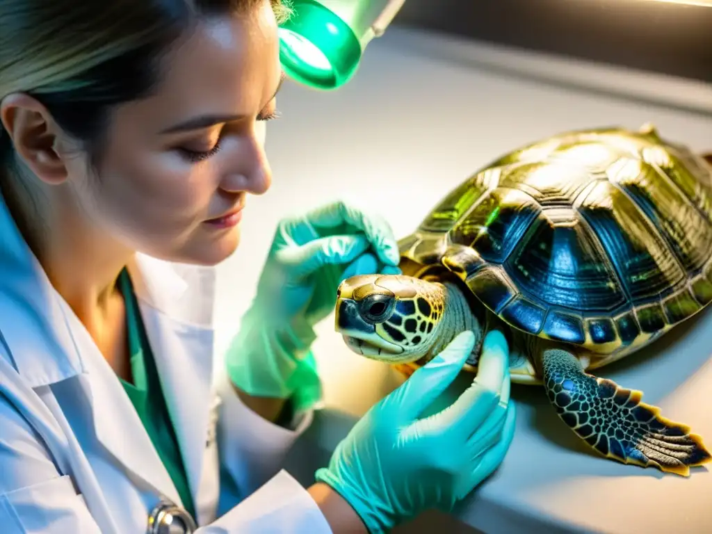 Un veterinario examina detalladamente a una tortuga con insuficiencia renal, mostrando preocupación en su rostro bajo luces de examen brillantes