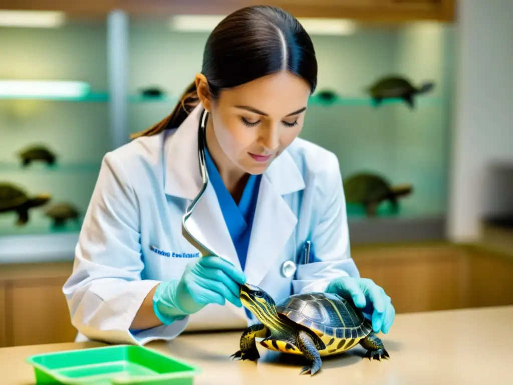 Veterinario examina minuciosamente a tortuga doméstica para prevención enfermedades comunes