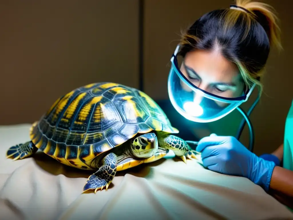 Un veterinario examina minuciosamente a una tortuga