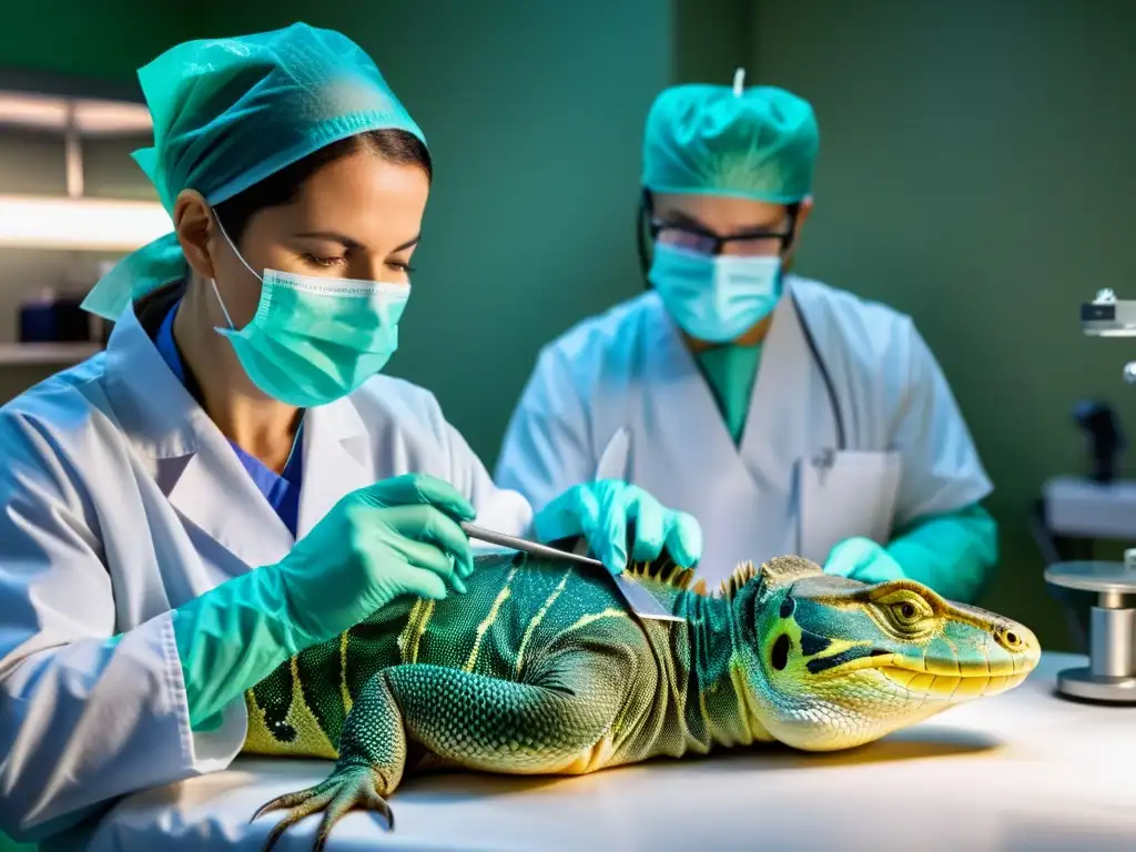 Veterinario realizando tratamiento de impactación en reptiles con precisión quirúrgica y determinación, rodeado de herramientas médicas especializadas