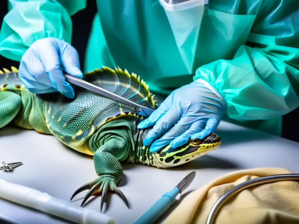 Un veterinario realiza una tumorectomía en un reptil con precisión y profesionalismo en una cirugía especializada de reptiles