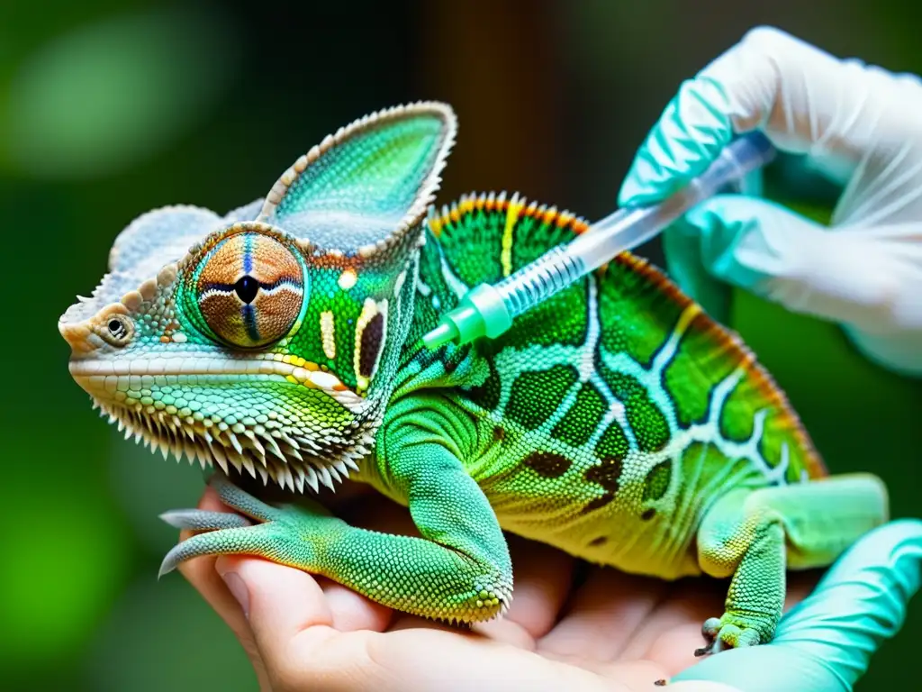 Veterinario vacunando a camaleón verde - Cuidado experto y confianza Un veterinario cuidadosamente administra una vacuna a un majestuoso camaleón verde, transmitiendo confianza y cuidado en un entorno clínico