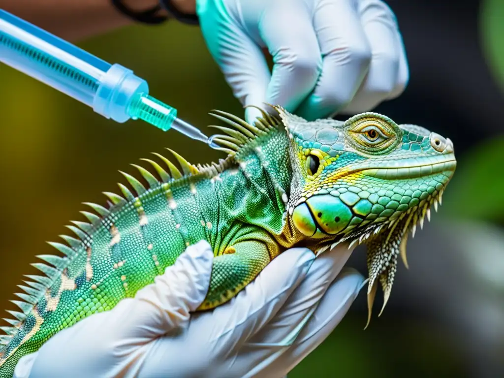 Vacunación experta de reptiles: precisión en acción Un veterinario administra una vacuna a un reptil, destacando la precisión y cuidado en la prevención de enfermedades en reptiles