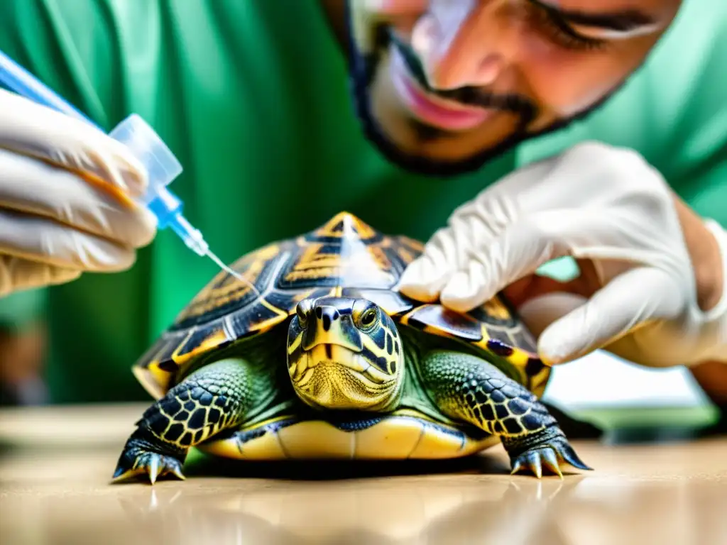 Un veterinario administra una vacuna a una tortuga doméstica, con detalle y profesionalidad