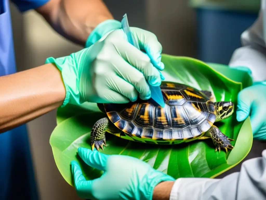 Un veterinario aplica una vacuna a una tortuga doméstica, destacando la importancia de los cuidados médicos