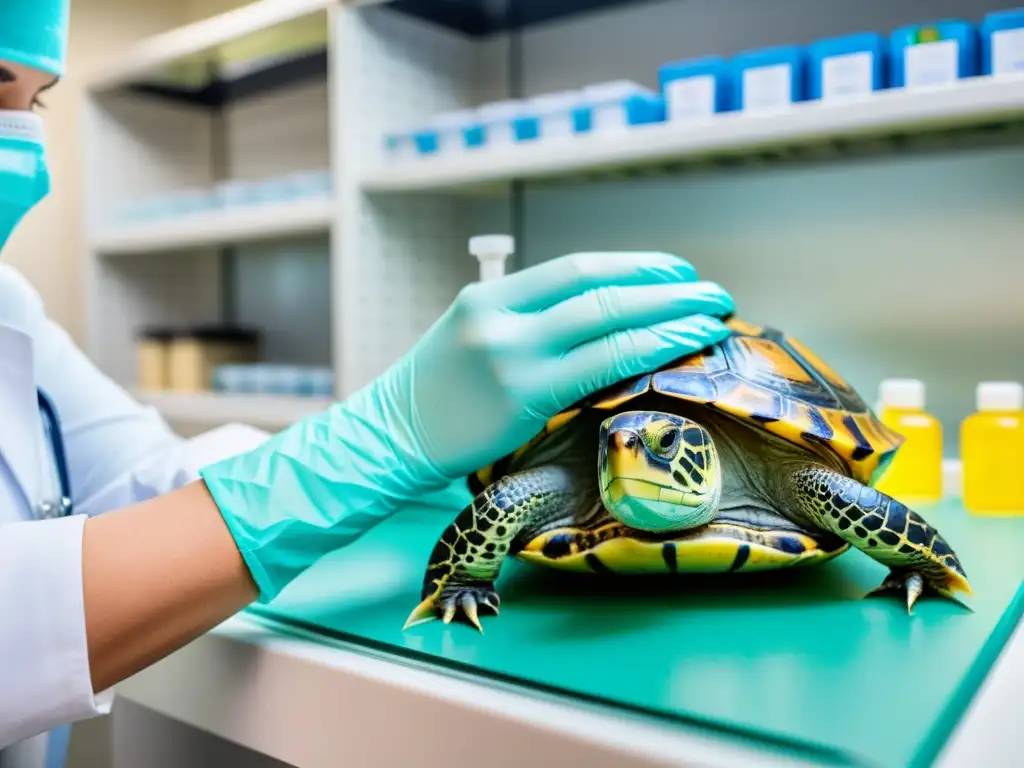 Un veterinario administra vacunas a una tortuga doméstica, mostrando cuidado y profesionalismo