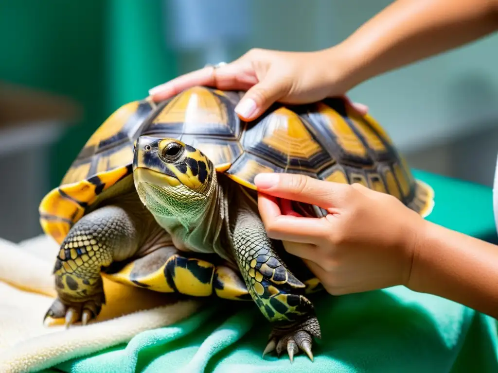 Un veterinario administra vacunas a una tortuga doméstica con cuidado