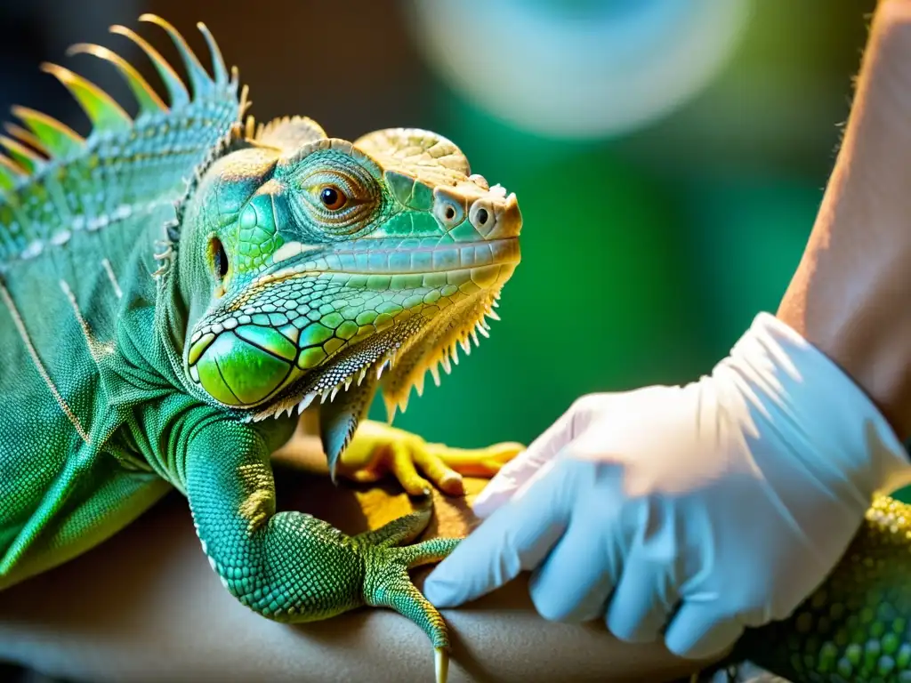 Un veterinario cuidadosamente realiza un vendaje en la pata de una iguana, destacando el cuidado de heridas en patas de iguanas