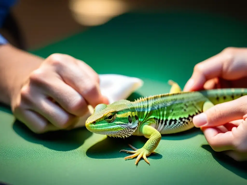 Un veterinario aplica cuidadosamente vendajes a la pierna lesionada de un pequeño lagarto