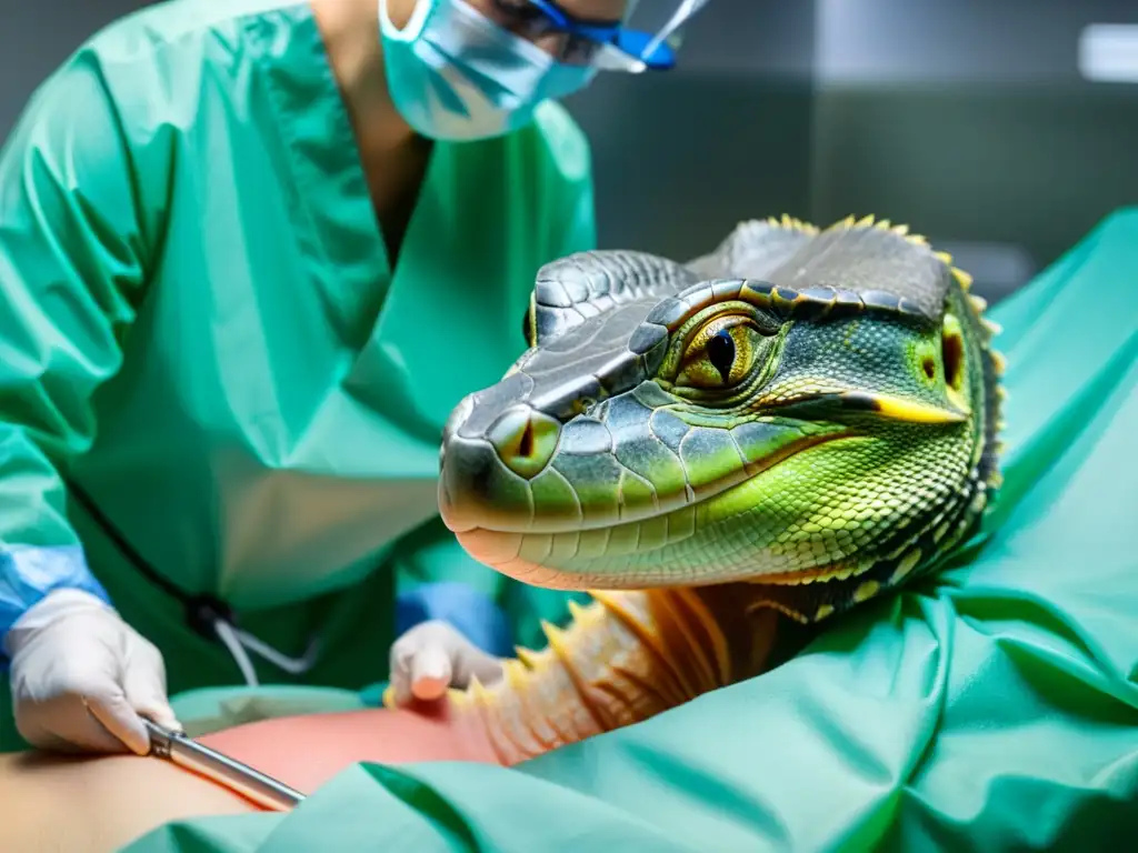 Veterinarios realizan una cesárea en reptiles con precisión y cuidado en quirófano bien iluminado