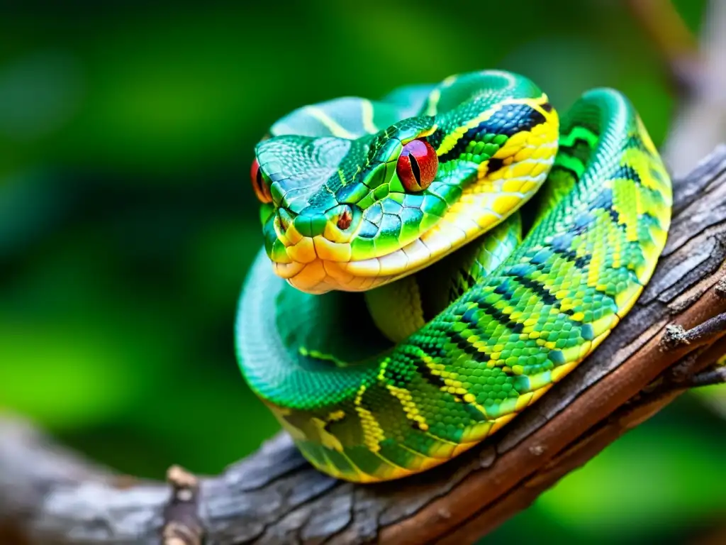 Una víbora de cascabel verde brillante descansa en una rama, sus escamas resplandecen al sol y su mirada amenazante exuda peligro