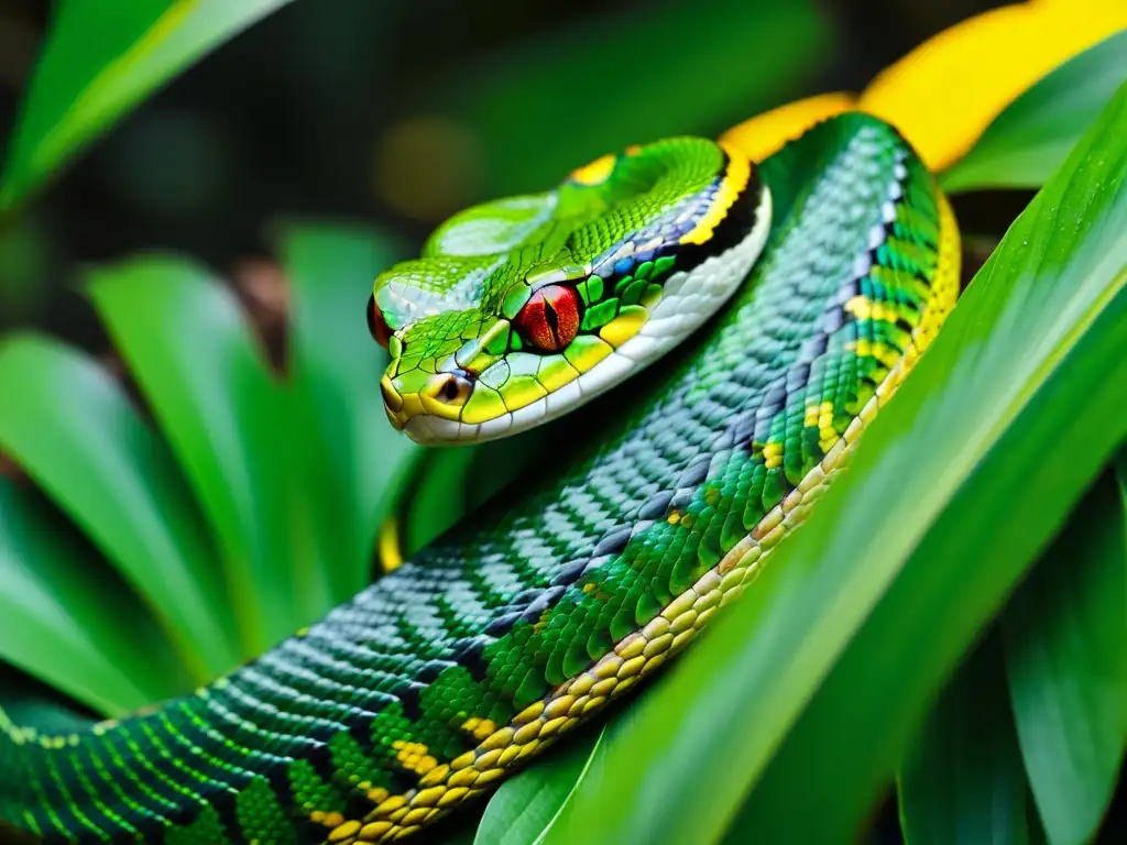 Víbora de cascabel verde en su hábitat natural, combinando peligro y belleza