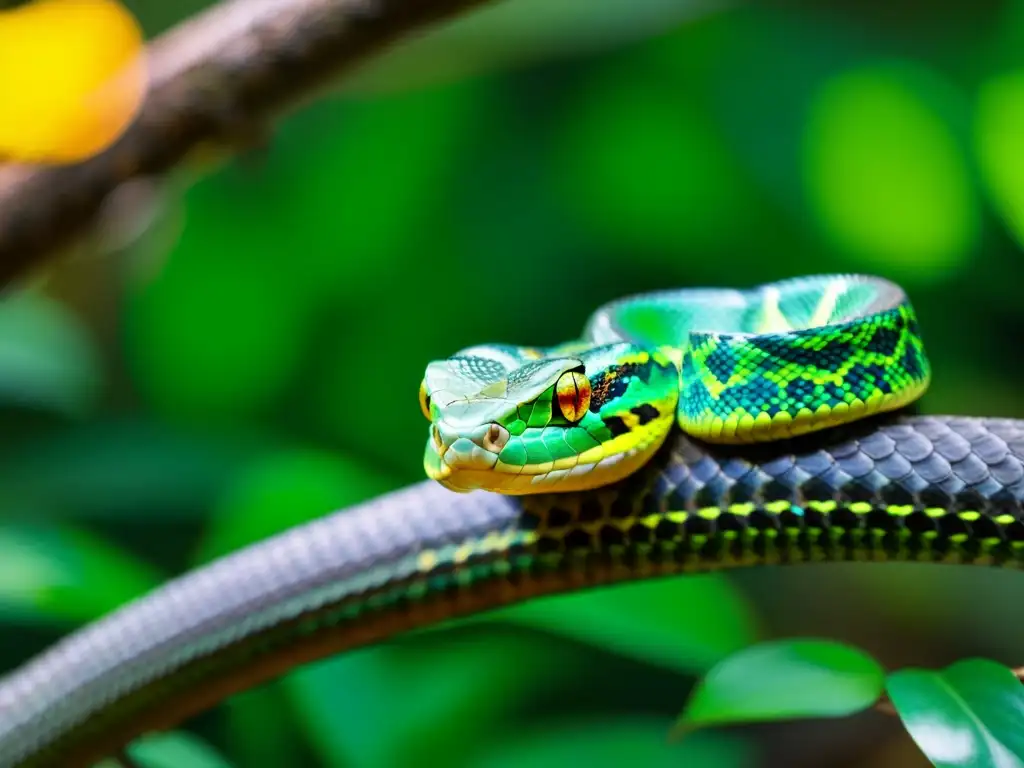 Víbora de cascabel verde en la selva tropical, mostrando su belleza y peligro