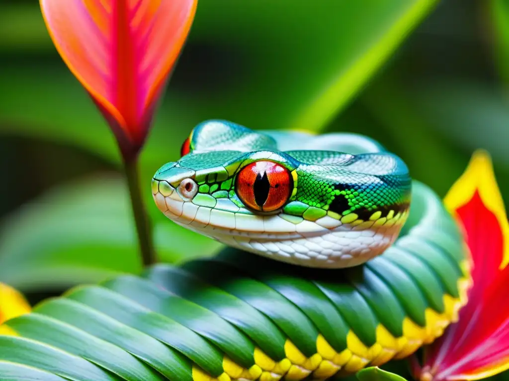 Víbora verde enredada en bromelia, simbiosis reptiles y plantas en la selva tropical