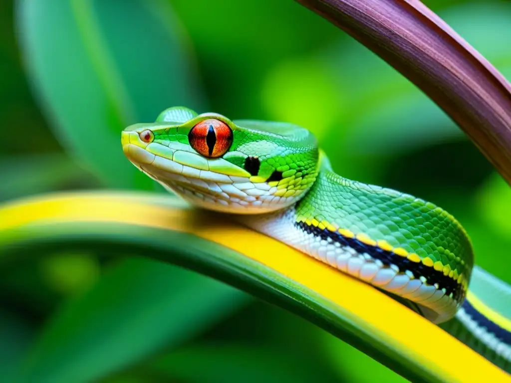 Víbora verde enredada en planta tropical, ejemplifica relaciones simbióticas entre reptiles y plantas