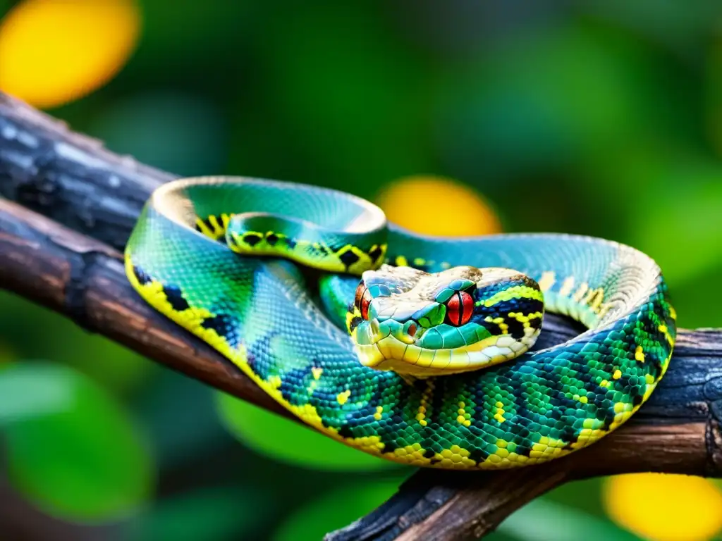 Una víbora pitón verde en la selva, resaltando la biodiversidad y la conservación de reptiles venenosos