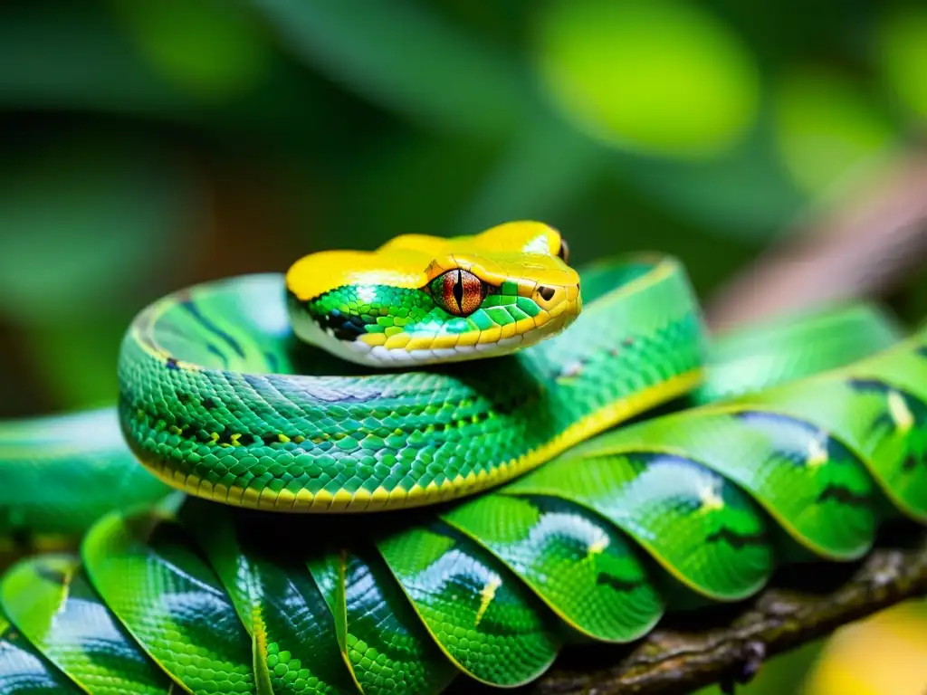 Una víbora verde vibrante, enroscada en una rama, con escamas relucientes bajo la luz del bosque tropical