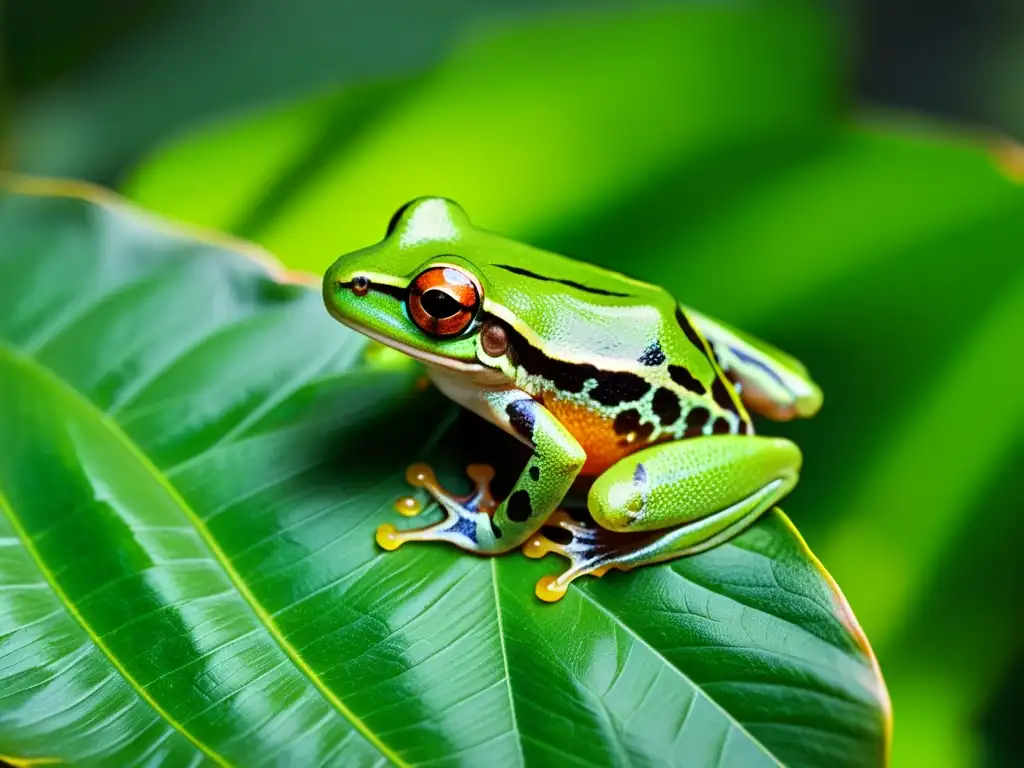 Un vibrante árbol rana en una hoja de la selva tropical