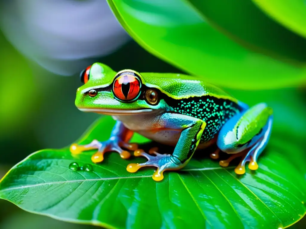 Un vibrante árbol rana de ojos rojos en la selva tropical, mostrando la pérdida de hábitat y diversidad de anfibios