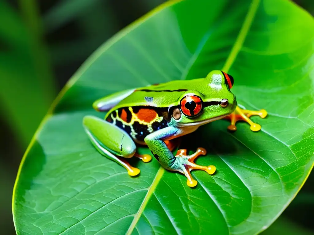 Un vibrante árbol rojo con ojos rojos, especie de anfibios en peligro, en una exuberante selva tropical