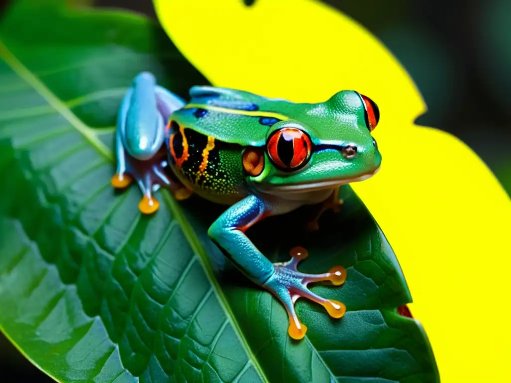 Un vibrante árbol rojo con ojos en un exuberante bosque tropical, resaltando la importancia de los anfibios en los ecosistemas