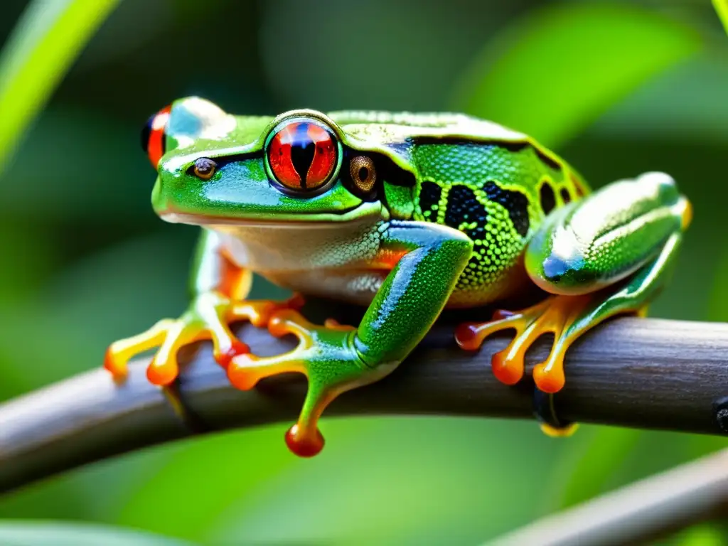 Un vibrante árbol rojo de ojos en un manglar, destacando la belleza de las especies de reptiles y anfibios manglares