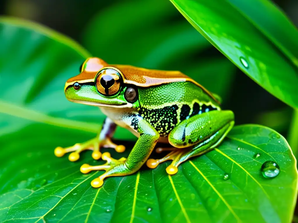 Un vibrante árbol de la selva con una rana verde sobre una hoja, reflejando curiosidad en su mirada