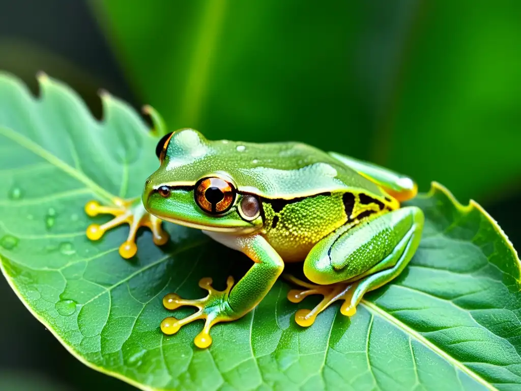 Un vibrante árbol rana verde, con piel transparente y ojos dorados, en una hoja con gotas de rocío