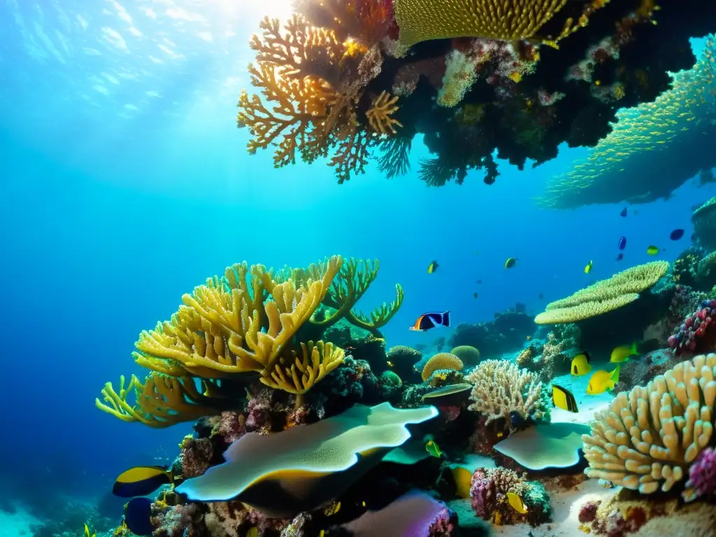 Vibrante arrecife de coral con diversa vida marina