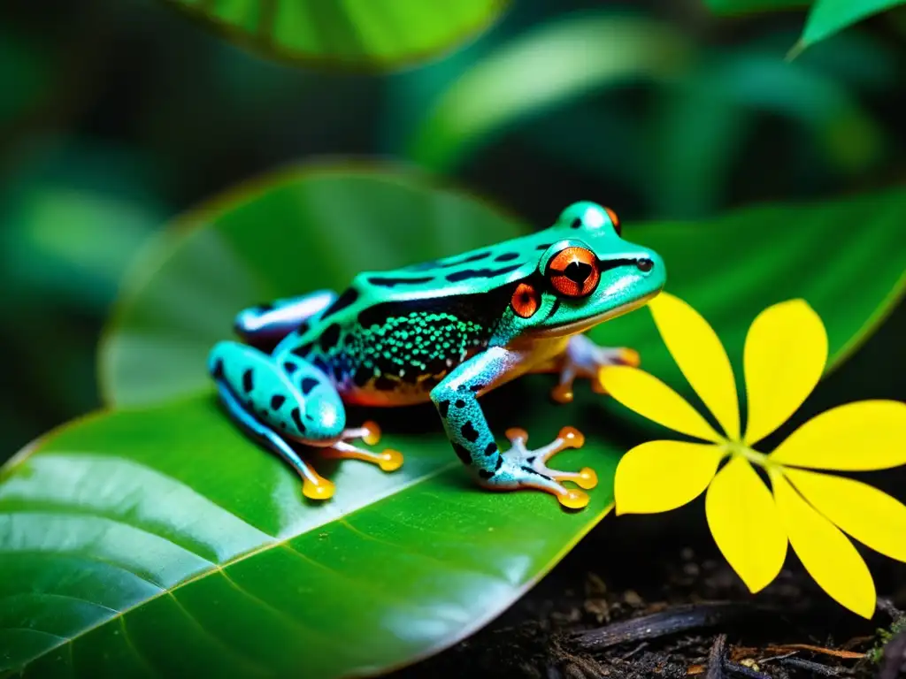 Un vibrante bosque tropical con especies de anfibios exóticas impacto entre la exuberante vegetación y la luz filtrada