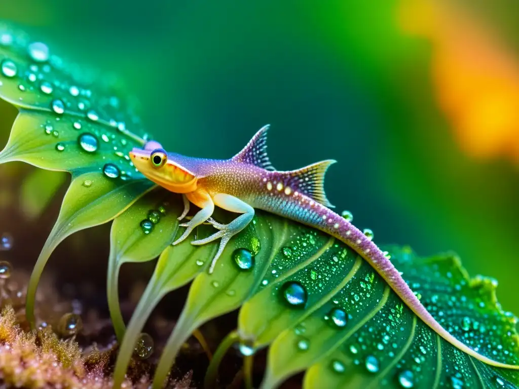 Un tritón vibrante y brillante descansa en una planta acuática verde, con gotas de agua brillando en su piel