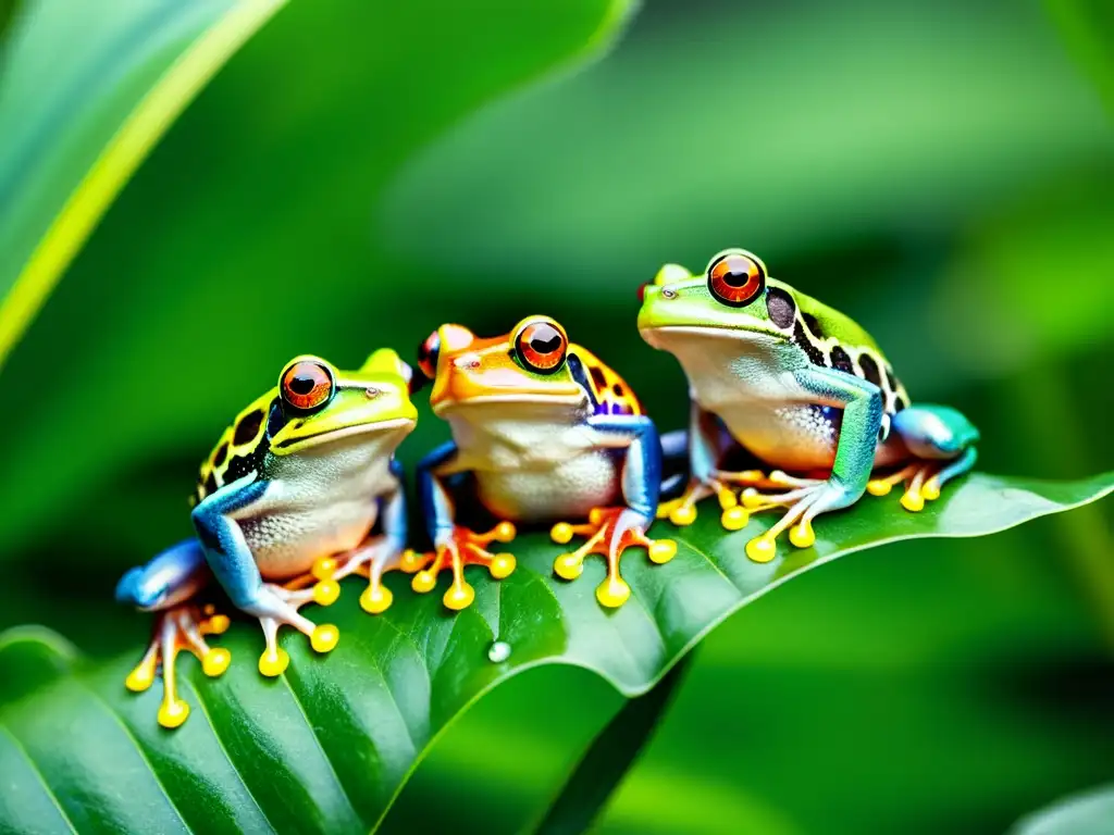 Un vibrante coro de ranas arcoíris en hojas verdes, croando en su entorno tropical