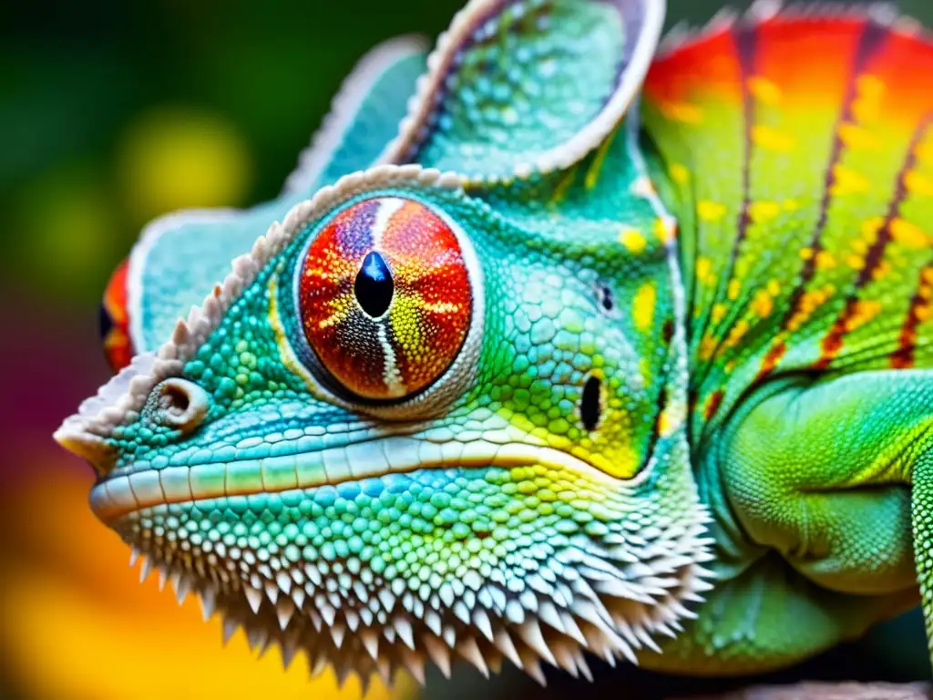 Un camaleón macho muestra un patrón cromático vibrante y detallado en su piel, comunicando significado a través de sus colores