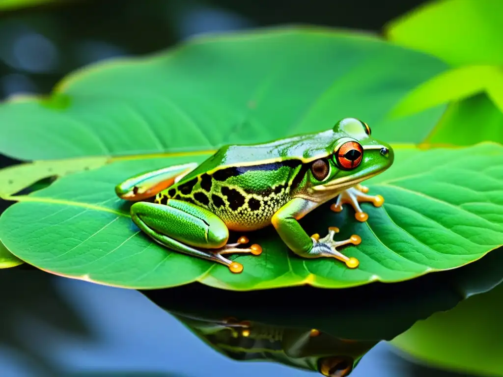 Vibrante ecosistema húmedo con ranas y lagarto