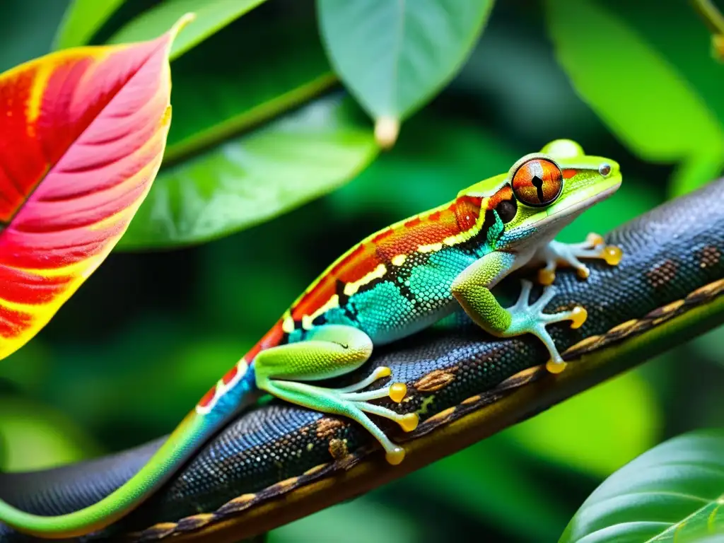 Vibrante ecosistema en la selva tropical, resaltando la importancia de los reptiles y anfibios en su hábitat natural