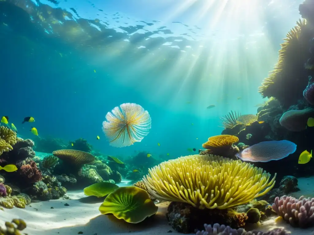 Un vibrante ecosistema submarino con un majestuoso tritón y otras criaturas, iluminado por el sol