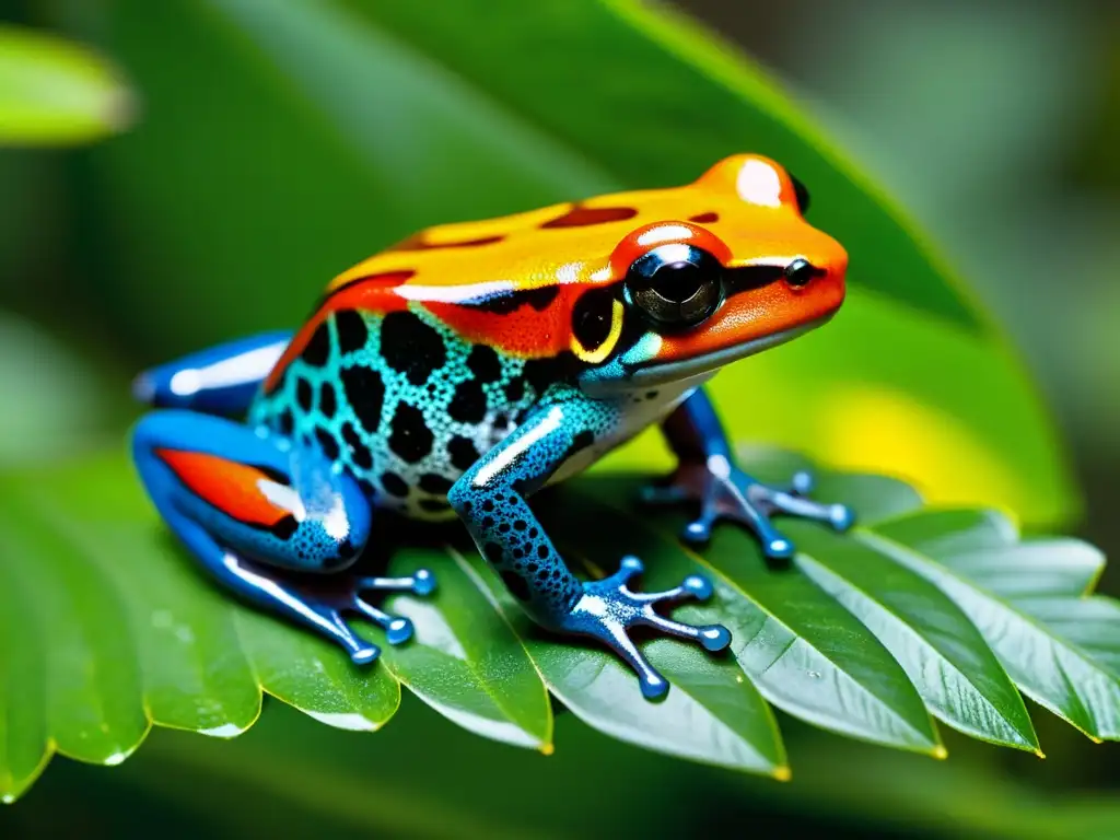 Vibrante escena de selva con rana venenosa en salto, captura la acción y belleza de anfibios en su hábitat natural